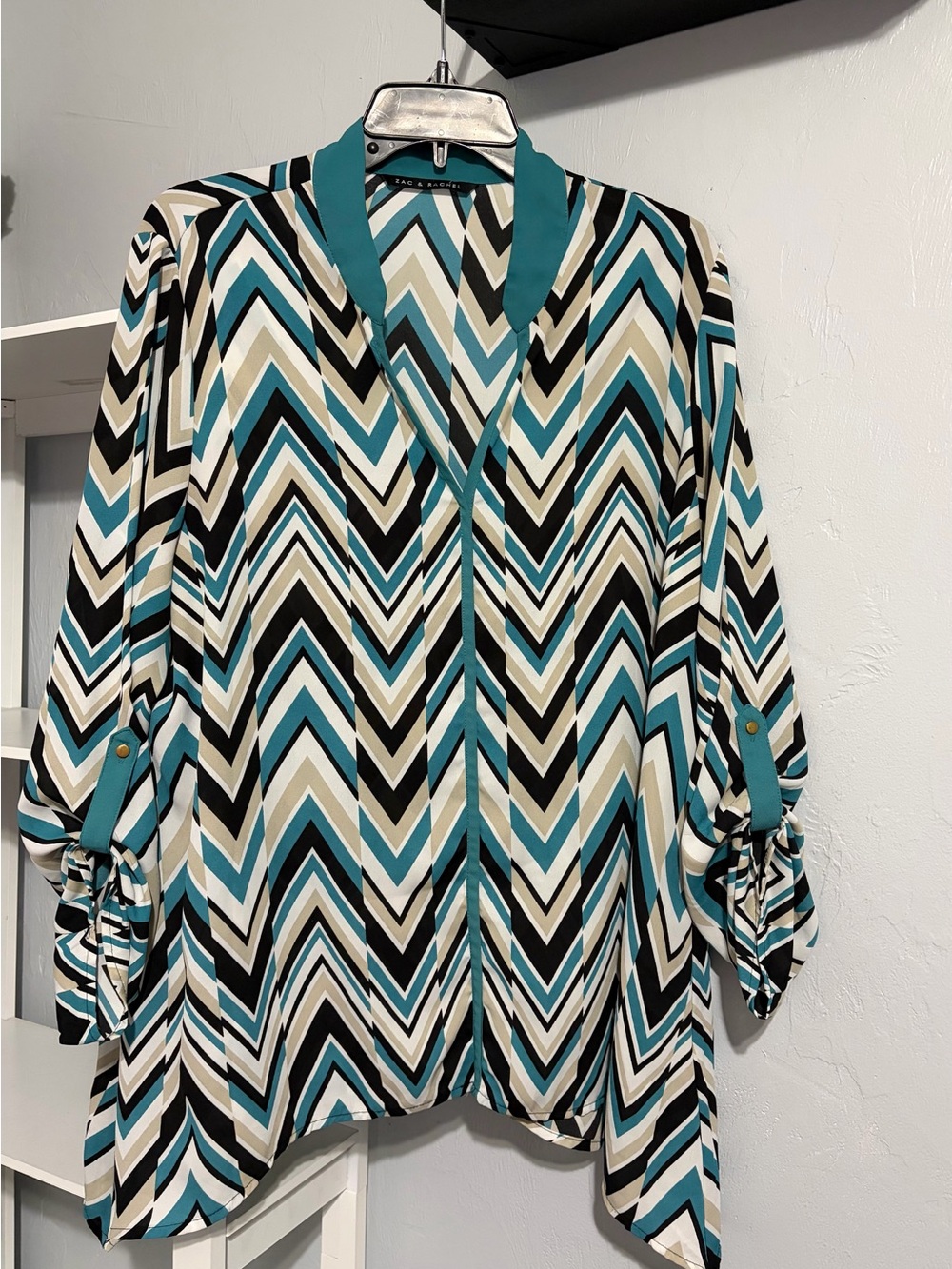 Zac & Rachel Teal, Black and Cream Chevron V- Neck Shirt